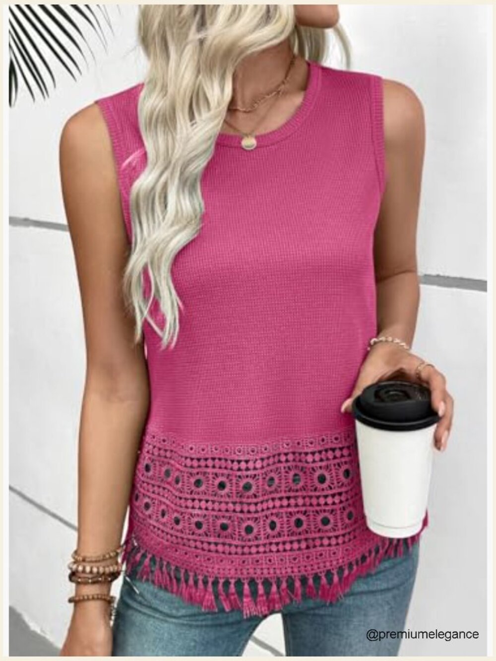 Waffle Knit Lace Crochet Boho Tank Top Sleeveless Crewneck Casual Vacation - Picture 2 of 6